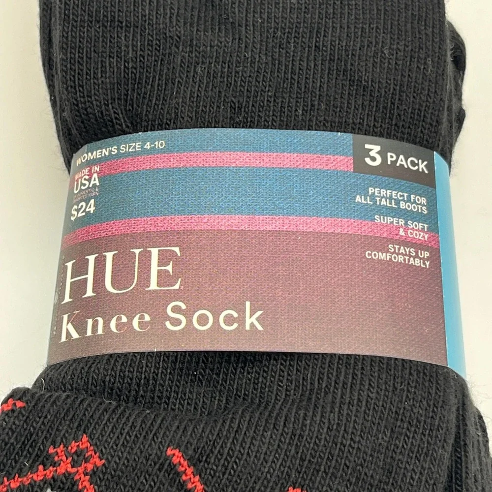 HUE Knee Sock Women 4-10 Black 3 Pack Diamond Pattern Soft Boot Socks US00235S